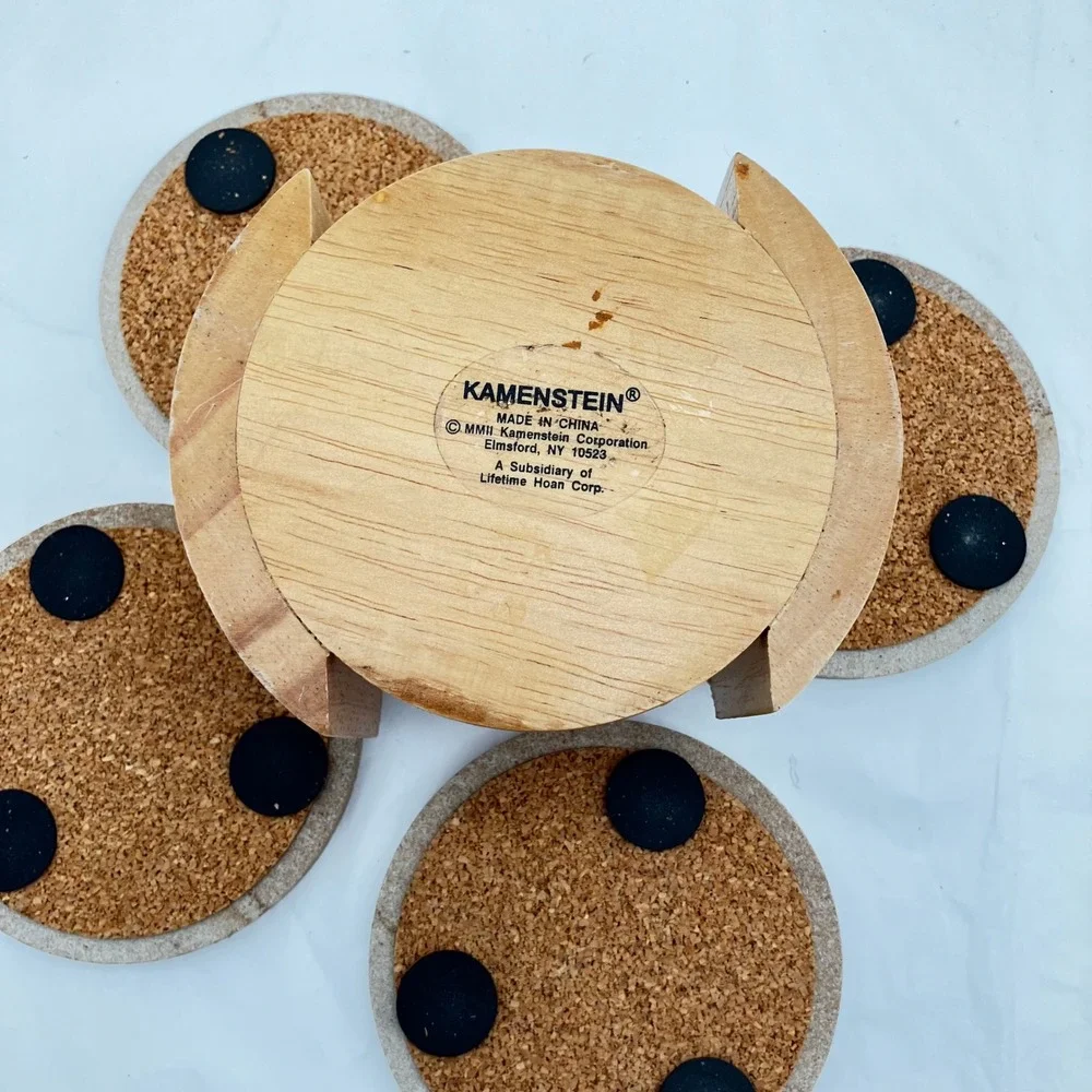 Kamenstein Coaster Set Raphael Cherubs 4pc Tan Stone Wood Holder